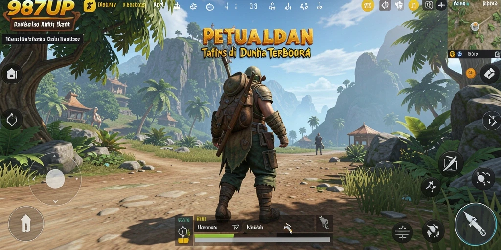 Screenshot gameplay 987UP menunjukkan petualangan di dunia terbuka yang luas.
