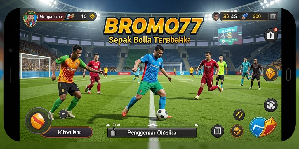 Tampilan gameplay BROMO77 menunjukkan aksi seru di lapangan sepak bola.