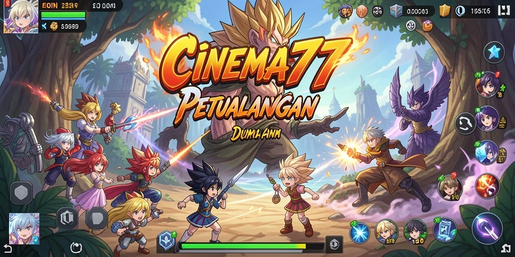 Screenshot gameplay CINEMA77 menampilkan momen seru dan karakter anime yang menarik.