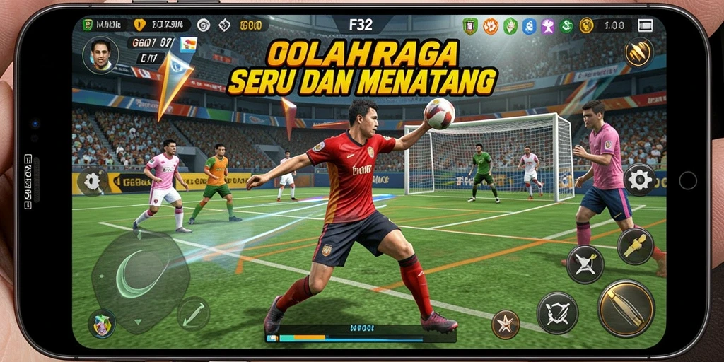Tampilan gameplay F32 yang penuh aksi dan keseruan olahraga.